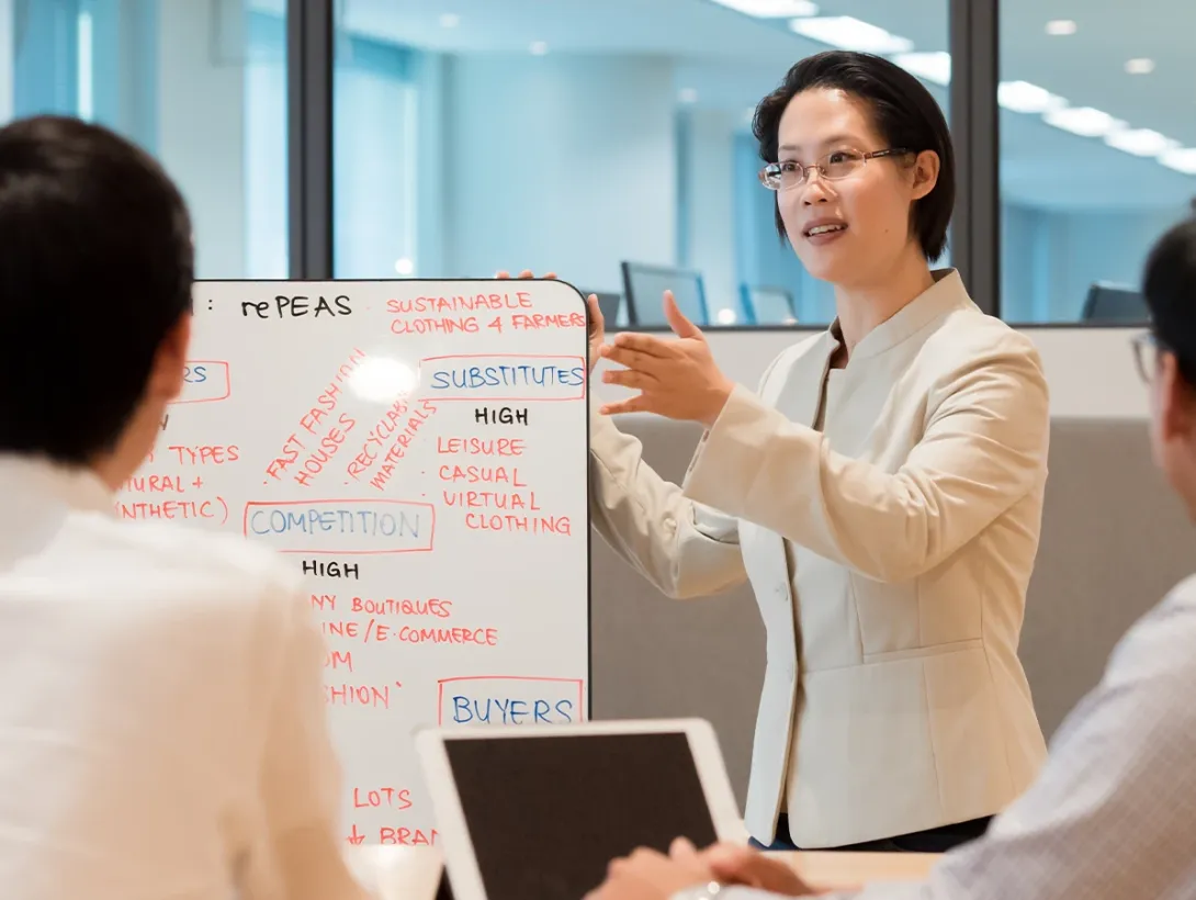 A woman presents a business strategy whiteboard, featuring terms like substitutes, competition, and buyers, to two people.