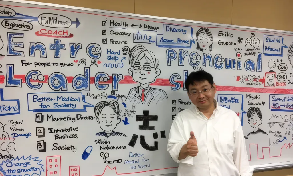 GLOBIS USA President Tomoya Nakamura gives a thumbs up in front of a whiteboard covered in entrepreneurial leadership notes.
