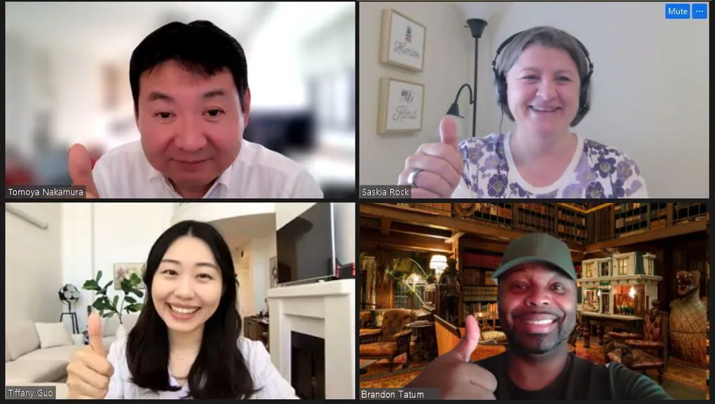 Video meeting with Tomoya Nakamura, Saskia Rock, Tiffany Guo, and Brandon Tatum giving a thumbs-up